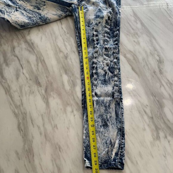 HTF RARE VTG Y2K Acid Wash Distressed Frayed Blue Jeans Wms High Waist 34 Skinny - Picture 11 of 16